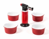 Crème brûlée Set mit Flambier-Brenner und 4 Schalen, rot -